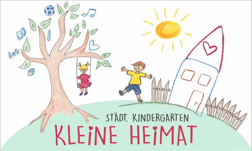 Auf dem Bild ein selbstgemaltes Kinderbild dargestellt. Eine Person ist an einem Baum am schaukeln eine andere steht vor einem Haus. Im unteren Teil des Bildes steht städtischer Kindergarten "Kleine Heimat"